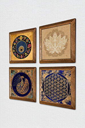 Tavus Kuşu, Lotus Çiçeği, Yaşam Çiçeği, Nazar Taş Duvar Tablosu Ahşap Çerçeveli Duvar Dekoru 4 Parça Tablo Seti Wall Art