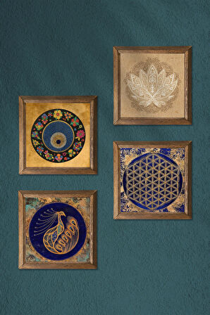 Tavus Kuşu, Lotus Çiçeği, Yaşam Çiçeği, Nazar Taş Duvar Tablosu Ahşap Çerçeveli Duvar Dekoru 4 Parça Tablo Seti Wall Art