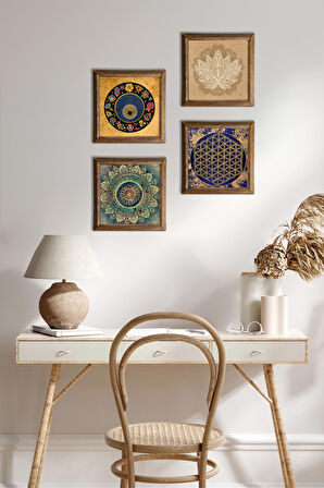 Mandala, Lotus Çiçeği, Yaşam Çiçeği, Nazar Taş Duvar Tablosu Ahşap Çerçeveli Duvar Dekoru 4 Parça Tablo Seti Wall Art