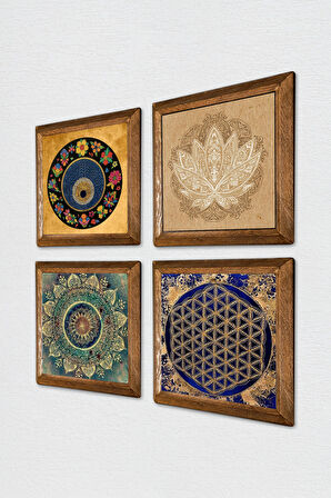 Mandala, Lotus Çiçeği, Yaşam Çiçeği, Nazar Taş Duvar Tablosu Ahşap Çerçeveli Duvar Dekoru 4 Parça Tablo Seti Wall Art