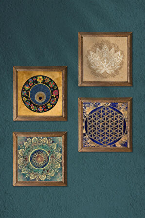 Mandala, Lotus Çiçeği, Yaşam Çiçeği, Nazar Taş Duvar Tablosu Ahşap Çerçeveli Duvar Dekoru 4 Parça Tablo Seti Wall Art
