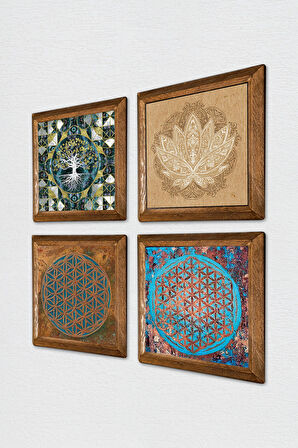 Hayat Ağacı, Yaşam Çiçeği, Lotus Çiçeği Taş Duvar Tablosu Ahşap Çerçeveli Duvar Dekoru 4 Parça Tablo Seti Wall Art