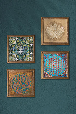 Hayat Ağacı, Yaşam Çiçeği, Lotus Çiçeği Taş Duvar Tablosu Ahşap Çerçeveli Duvar Dekoru 4 Parça Tablo Seti Wall Art