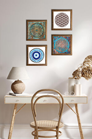 Nazar, Yaşam Çiçeği Taş Duvar Tablosu Ahşap Çerçeveli Duvar Dekoru 4 Parça Tablo Seti Wall Art
