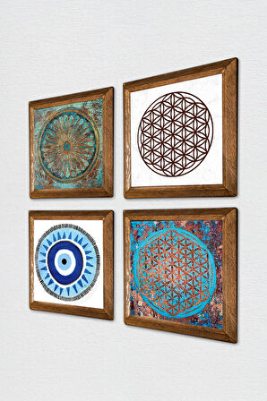 Nazar, Yaşam Çiçeği Taş Duvar Tablosu Ahşap Çerçeveli Duvar Dekoru 4 Parça Tablo Seti Wall Art