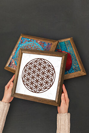 Nazar, Yaşam Çiçeği Taş Duvar Tablosu Ahşap Çerçeveli Duvar Dekoru 4 Parça Tablo Seti Wall Art