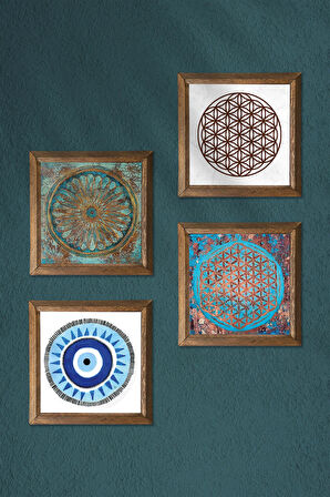 Nazar, Yaşam Çiçeği Taş Duvar Tablosu Ahşap Çerçeveli Duvar Dekoru 4 Parça Tablo Seti Wall Art