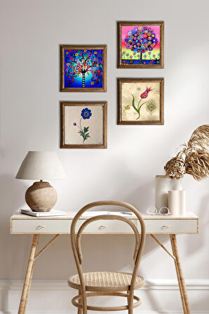 Ebru Sanatı, Lale, Hayat Ağacı Taş Duvar Tablosu Ahşap Çerçeveli Duvar Dekoru 4 Parça Tablo Seti Wall Art