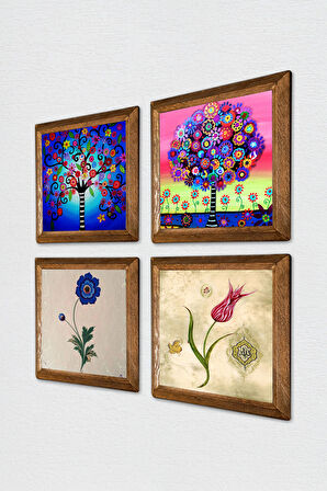 Ebru Sanatı, Lale, Hayat Ağacı Taş Duvar Tablosu Ahşap Çerçeveli Duvar Dekoru 4 Parça Tablo Seti Wall Art