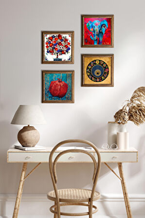 Fil, Nazar, Nar Ağacı, Nar Taş Duvar Tablosu Ahşap Çerçeveli Duvar Dekoru 4 Parça Tablo Seti Wall Art