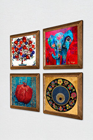Fil, Nazar, Nar Ağacı, Nar Taş Duvar Tablosu Ahşap Çerçeveli Duvar Dekoru 4 Parça Tablo Seti Wall Art