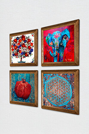 Fil, Yaşam Çiçeği, Nar Ağacı, Nar Taş Duvar Tablosu Ahşap Çerçeveli Duvar Dekoru 4 Parça Tablo Seti Wall Art