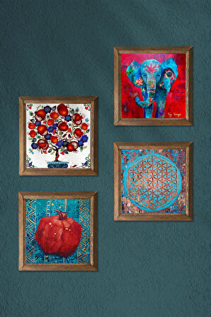 Fil, Yaşam Çiçeği, Nar Ağacı, Nar Taş Duvar Tablosu Ahşap Çerçeveli Duvar Dekoru 4 Parça Tablo Seti Wall Art