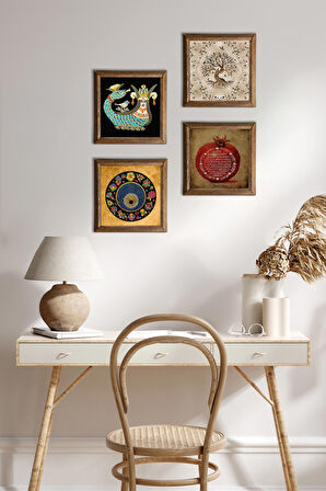 Nazar, Bereket Duası, Şahmeran, Hayat Ağacı Taş Duvar Tablosu Ahşap Çerçeveli Duvar Dekoru 4 Parça Tablo Seti Wall Art