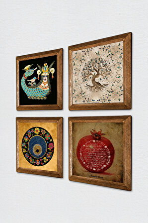 Nazar, Bereket Duası, Şahmeran, Hayat Ağacı Taş Duvar Tablosu Ahşap Çerçeveli Duvar Dekoru 4 Parça Tablo Seti Wall Art