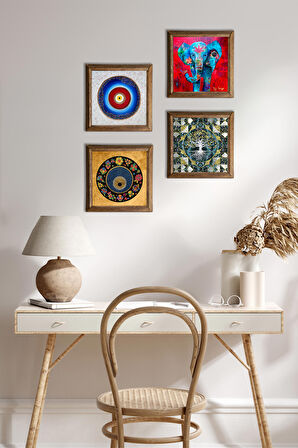Hayat Ağacı, Fil, Nazar Taş Duvar Tablosu Ahşap Çerçeveli Duvar Dekoru 4 Parça Tablo Seti Wall Art