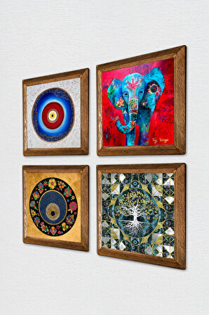 Hayat Ağacı, Fil, Nazar Taş Duvar Tablosu Ahşap Çerçeveli Duvar Dekoru 4 Parça Tablo Seti Wall Art