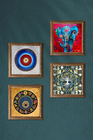 Hayat Ağacı, Fil, Nazar Taş Duvar Tablosu Ahşap Çerçeveli Duvar Dekoru 4 Parça Tablo Seti Wall Art