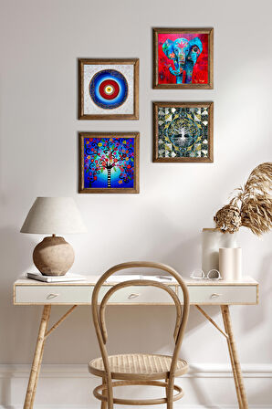 Nazar, Fil, Hayat Ağacı Taş Duvar Tablosu Ahşap Çerçeveli Duvar Dekoru 4 Parça Tablo Seti Wall Art