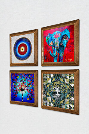 Nazar, Fil, Hayat Ağacı Taş Duvar Tablosu Ahşap Çerçeveli Duvar Dekoru 4 Parça Tablo Seti Wall Art