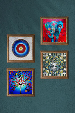 Nazar, Fil, Hayat Ağacı Taş Duvar Tablosu Ahşap Çerçeveli Duvar Dekoru 4 Parça Tablo Seti Wall Art