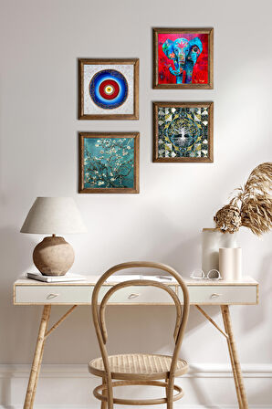 Nazar, Hayat Ağacı, Fil, Van Gogh Badem Ağacı Taş Duvar Tablosu Ahşap Çerçeveli Duvar Dekoru 4 Parça Tablo Seti Wall Art
