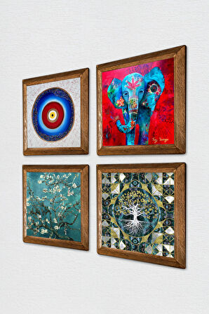 Nazar, Hayat Ağacı, Fil, Van Gogh Badem Ağacı Taş Duvar Tablosu Ahşap Çerçeveli Duvar Dekoru 4 Parça Tablo Seti Wall Art