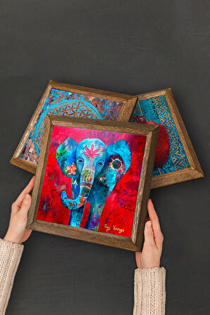 Nazar, Hayat Ağacı, Fil, Van Gogh Badem Ağacı Taş Duvar Tablosu Ahşap Çerçeveli Duvar Dekoru 4 Parça Tablo Seti Wall Art