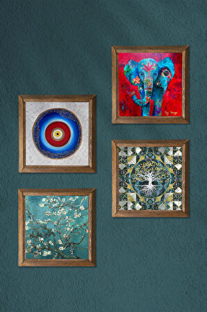 Nazar, Hayat Ağacı, Fil, Van Gogh Badem Ağacı Taş Duvar Tablosu Ahşap Çerçeveli Duvar Dekoru 4 Parça Tablo Seti Wall Art