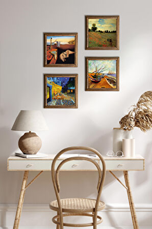 Salvador Dalí, Claude Monet, Van Gogh Taş Duvar Tablosu Ahşap Çerçeveli Duvar Dekoru 4 Parça Tablo Seti Wall Art