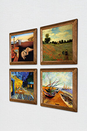Salvador Dalí, Claude Monet, Van Gogh Taş Duvar Tablosu Ahşap Çerçeveli Duvar Dekoru 4 Parça Tablo Seti Wall Art