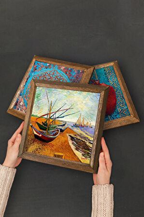 Salvador Dalí, Claude Monet, Van Gogh Taş Duvar Tablosu Ahşap Çerçeveli Duvar Dekoru 4 Parça Tablo Seti Wall Art