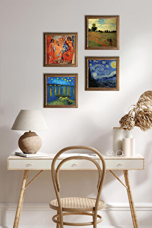 Picasso, Claude Monet, Van Gogh Taş Duvar Tablosu Ahşap Çerçeveli Duvar Dekoru 4 Parça Tablo Seti Wall Art