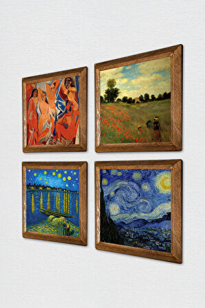 Picasso, Claude Monet, Van Gogh Taş Duvar Tablosu Ahşap Çerçeveli Duvar Dekoru 4 Parça Tablo Seti Wall Art