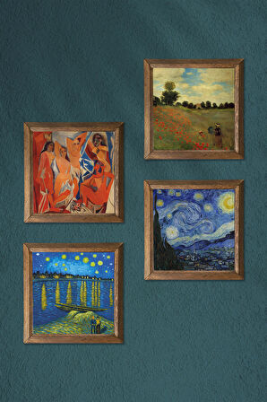 Picasso, Claude Monet, Van Gogh Taş Duvar Tablosu Ahşap Çerçeveli Duvar Dekoru 4 Parça Tablo Seti Wall Art