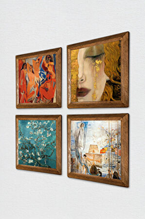 Salvador Dalí, Picasso, Van Gogh, Gustav Klimt Taş Duvar Tablosu Ahşap Çerçeveli Duvar Dekoru 4 Parça Tablo Seti Wall Art