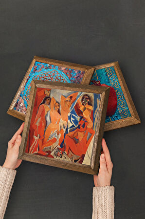 Salvador Dalí, Picasso, Van Gogh, Gustav Klimt Taş Duvar Tablosu Ahşap Çerçeveli Duvar Dekoru 4 Parça Tablo Seti Wall Art