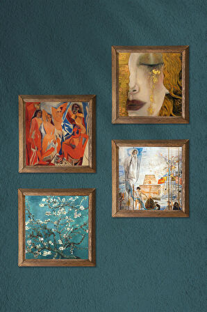 Salvador Dalí, Picasso, Van Gogh, Gustav Klimt Taş Duvar Tablosu Ahşap Çerçeveli Duvar Dekoru 4 Parça Tablo Seti Wall Art