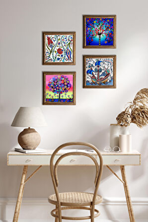 Lale, Çini Sanatı Yelkenli Gemi, Hayat Ağacı Taş Duvar Tablosu Ahşap Çerçeveli Duvar Dekoru 4 Parça Tablo Seti Wall Art
