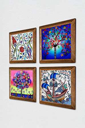 Lale, Çini Sanatı Yelkenli Gemi, Hayat Ağacı Taş Duvar Tablosu Ahşap Çerçeveli Duvar Dekoru 4 Parça Tablo Seti Wall Art