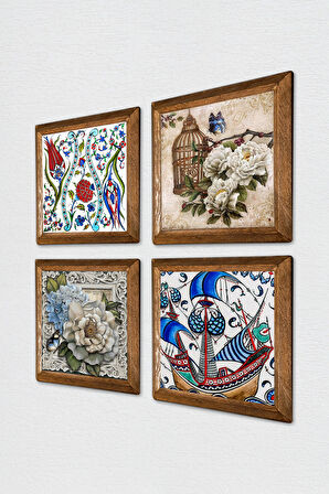 Çini Sanatı Yelkenli Gemi, Lale, Kelebekli Çiçek Taş Duvar Tablosu Ahşap Çerçeveli Duvar Dekoru 4 Parça Tablo Seti Wall Art
