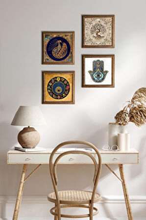 Tavus Kuşu, Nazar, Hayat Ağacı, Fatma Ana Eli (Hamsa) Taş Duvar Tablosu Ahşap Çerçeveli Duvar Dekoru 4 Parça Tablo Seti Wall Art