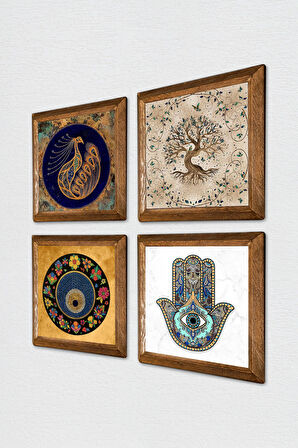 Tavus Kuşu, Nazar, Hayat Ağacı, Fatma Ana Eli (Hamsa) Taş Duvar Tablosu Ahşap Çerçeveli Duvar Dekoru 4 Parça Tablo Seti Wall Art