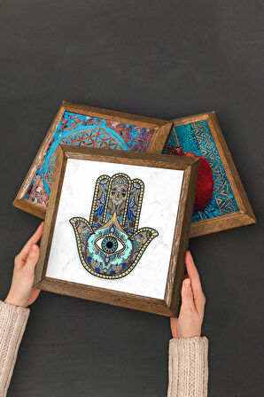 Tavus Kuşu, Nazar, Hayat Ağacı, Fatma Ana Eli (Hamsa) Taş Duvar Tablosu Ahşap Çerçeveli Duvar Dekoru 4 Parça Tablo Seti Wall Art