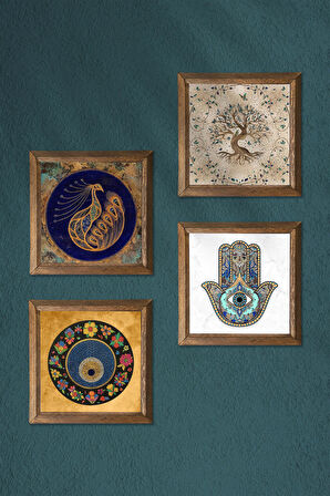 Tavus Kuşu, Nazar, Hayat Ağacı, Fatma Ana Eli (Hamsa) Taş Duvar Tablosu Ahşap Çerçeveli Duvar Dekoru 4 Parça Tablo Seti Wall Art