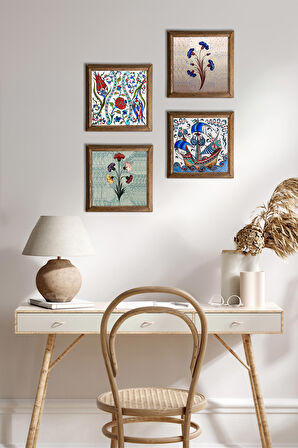 Ebru Sanatı, Lale, Çini Sanatı Yelkenli Gemi Taş Duvar Tablosu Ahşap Çerçeveli Duvar Dekoru 4 Parça Tablo Seti Wall Art