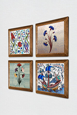 Ebru Sanatı, Lale, Çini Sanatı Yelkenli Gemi Taş Duvar Tablosu Ahşap Çerçeveli Duvar Dekoru 4 Parça Tablo Seti Wall Art