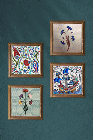Ebru Sanatı, Lale, Çini Sanatı Yelkenli Gemi Taş Duvar Tablosu Ahşap Çerçeveli Duvar Dekoru 4 Parça Tablo Seti Wall Art