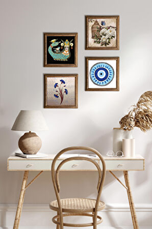 Nazar, Ebru Sanatı, Kelebekli Çiçek, Şahmeran Taş Duvar Tablosu Ahşap Çerçeveli Duvar Dekoru 4 Parça Tablo Seti Wall Art