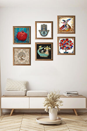 Fatma Ana Eli, Nar Ağacı, Semazen, Hayat Ağacı, Şahmeran Taş Duvar Tablosu Ahşap Çerçeveli Duvar Dekoru 6 Parça Tablo Seti Wall Art